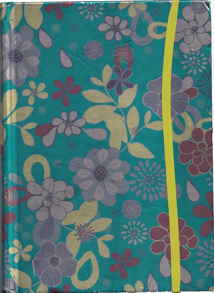 Shiny teal journal cover with multicolor flowers